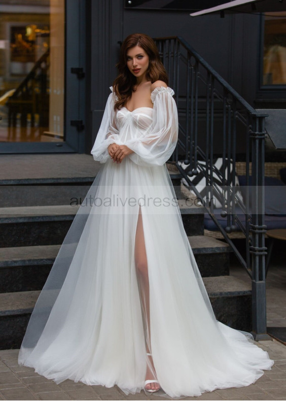 Strapless Beaded Ivory Tulle Wedding Dress With Detachable Sleeves